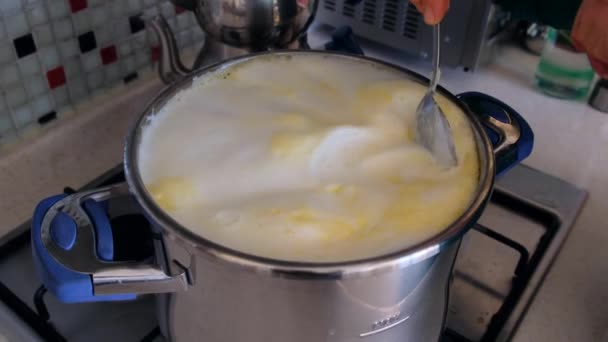 Melk Het Fornuis Begon Koken Overlopen Een Vrouw Voorkomt Dat — Stockvideo