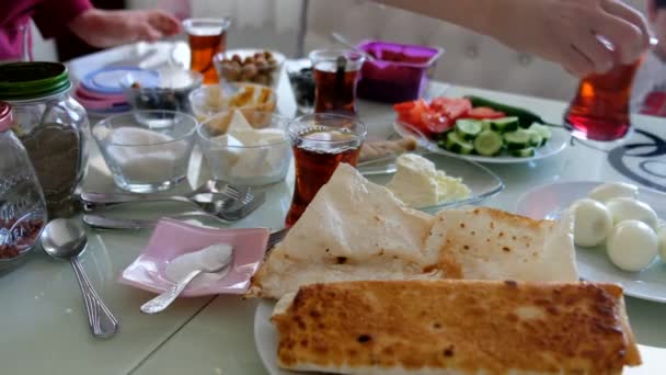 Family Having Breakfast Preparing Breakfast Table — Stock Video