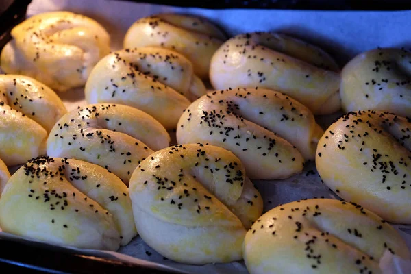 Freshly Baked Sesame Buns Home Cooked Oven Open Sesame Rolls — Stock Photo, Image