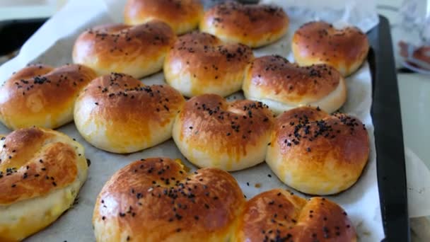 Homemade Handmade Sesame Pastry Sesame Muffins Freshly Baked Sesame Buns — Stock Video