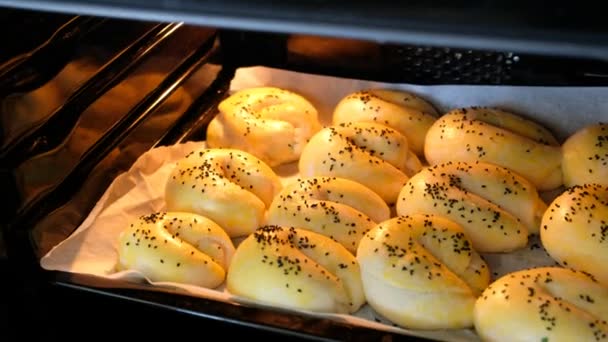 Versgebakken Sesambroodjes Thuis Gekookt Oven Open Sesambroodjes Zelfgebakken Gebak — Stockvideo