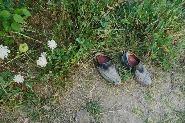 Gardener Old Shoes Muddy Muddy Shoes — Stock Photo, Image