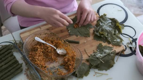 填饱了的葡萄叶子 自制的填饱了的叶子 一位准备填饱的葡萄叶子的家庭主妇 — 图库视频影像