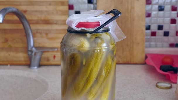 Närbild Burkar Med Mogna Pickles Och Omogna Pickles Står Sida — Stockvideo