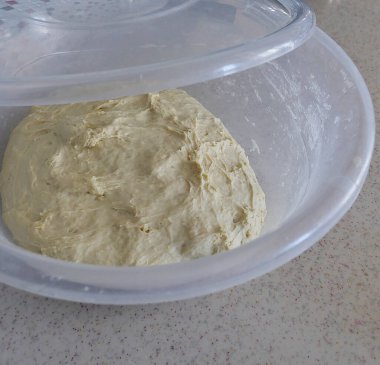 Bir kasede mayalanmış hamur, maya hamuru, ev yapımı doğal hamur.,