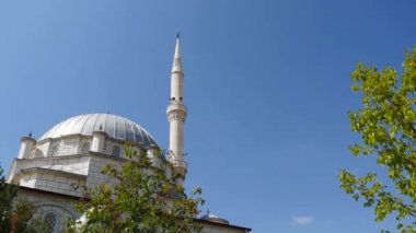 Mavi gökyüzü kubbeleri ve minareler, hindideki camiler, ağaçlar ve bir caminin minaresi.