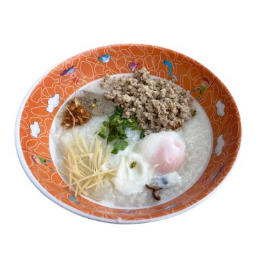 Beyaz arka planda yumurtalı congee