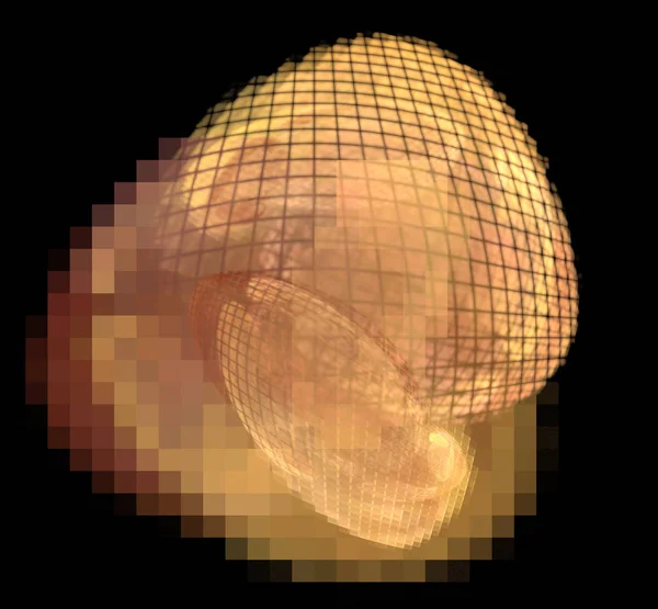 Abstract colorful orange and golden pixel sphere on black background. Fantasy fractal texture. Digital art. 3D rendering. Computer genenerated image
