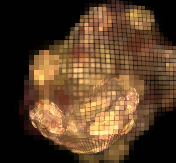 黒い背景に抽象的なカラフルなオレンジ色 黄金色のピクセルの球 ファンタジー フラクタル テクスチャです デジタル アート レンダリング Genenerated — ストック写真