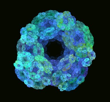 Siyah zemin üzerine mavi yeşil fraktal yapısı. Fantezi fraktal doku. Dijital sanat. 3D render. Oluşturulan bilgisayar görüntü