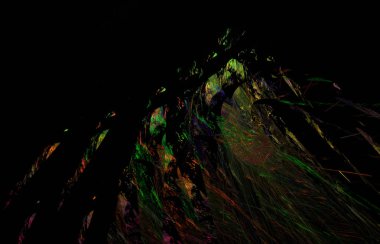 Siyah zemin üzerine kırmızı sarı yeşil fraktal. Fantezi fraktal doku. Dijital sanat. 3D render. Oluşturulan bilgisayar görüntü