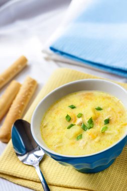 Tavuk, patates ve zerdeçal bir arka plan üzerinde grisini ile peynir çorbası