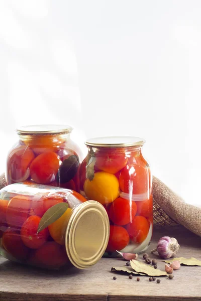 Glass Jars Homemade Pickled Tomatoes Sealed Metal Lid — Stock Photo, Image