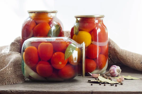 Glass Jars Homemade Pickled Tomatoes Sealed Metal Lid — Stock Photo, Image