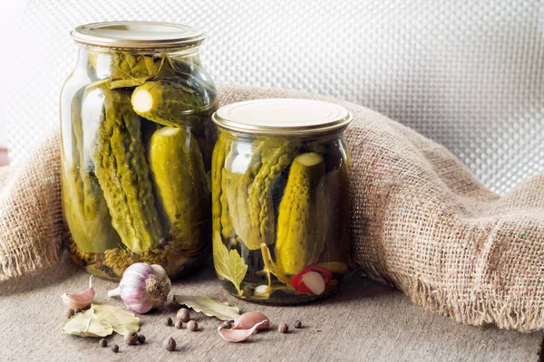 Glass Jars Homemade Pickles Sealed Metal Lid — Stock Photo, Image