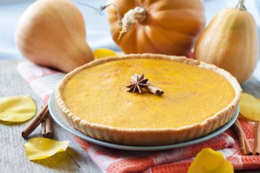 Tarçın pumkings arka plan, bir tablo ile ev yapımı baharatlı kabak pasta