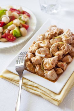 Türkiye güveç domates hardal sos soğan kare plaka ve arka planda renkli domates salatası ile