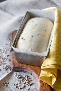 Ham Maya hamuru kare teneke formunda, ayçiçeği tohumu ekmek pişirme için hazır