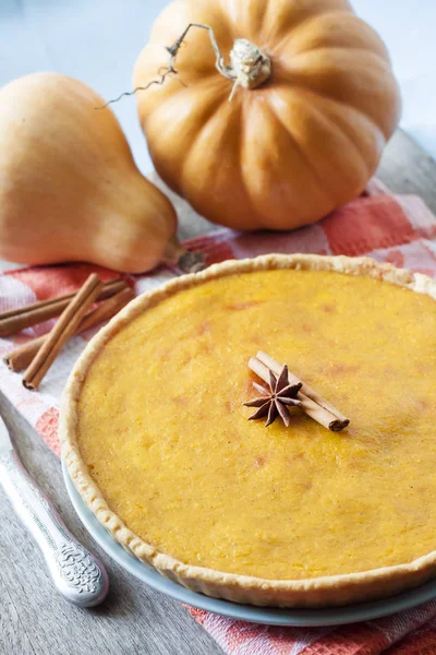 Tarçın pumkings arka plan, bir tablo ile ev yapımı baharatlı kabak pasta