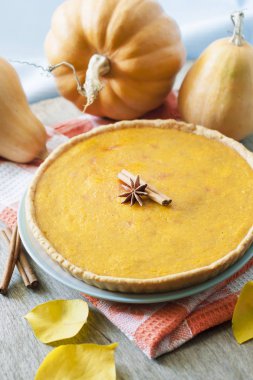 Tarçın pumkings arka plan, bir tablo ile ev yapımı baharatlı kabak pasta