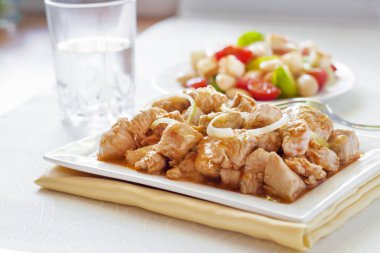 Türkiye güveç domates hardal sos soğan kare plaka ve arka planda renkli domates salatası ile