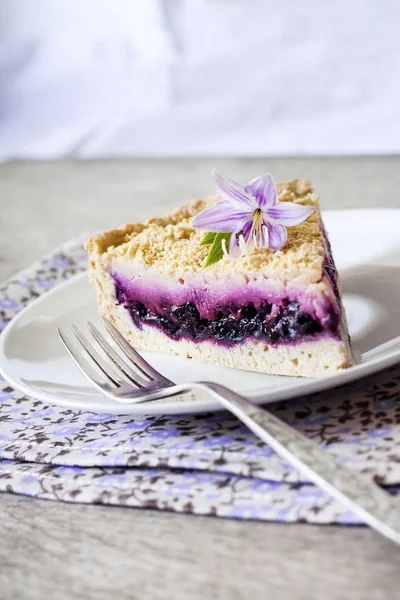 Кусок Черничного Торта Тарелке Украшенной Фиолетовым Цветом — стоковое фото