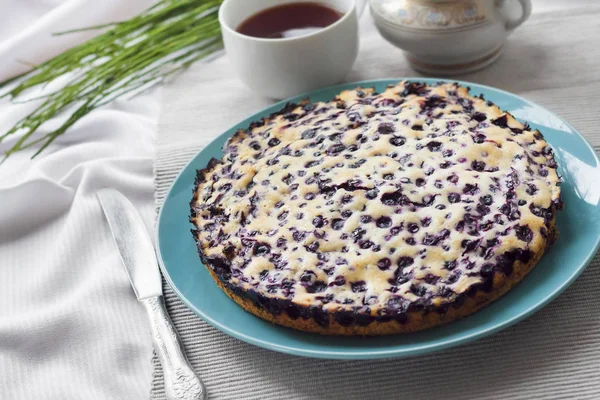 Ev yapımı yaban mersinli pasta portre mavi plaka üzerinde 