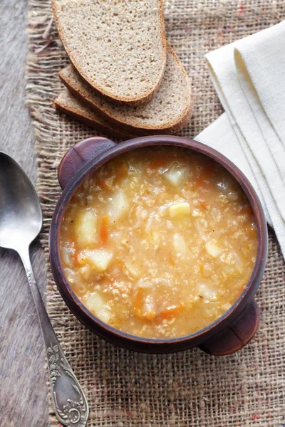 Kapustnyak Sopa Tradicional Invierno Ucraniana Con Chucrut Mijo Carne Tazón —  Fotos de Stock