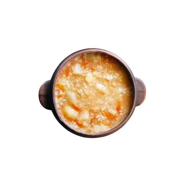 Kapustnyak - traditional ukrainian winter soup with sauerkraut, millet and meat in rustic bowl isolated on white backround with clipping path, Flat lay, top view — Stock Image Kapustnyak Traditional Ukrainian Winter Soup Sauerkraut Millet Meat Rustic Bowl Stock Picture
