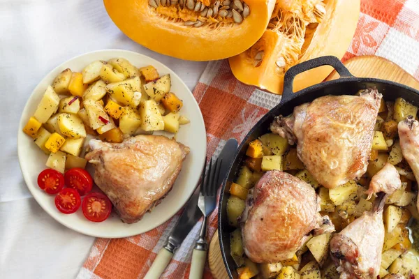 One Pot Meal Chicken Thighs Legs Potatoes Pumpkin Baked Cast — Stock Photo, Image