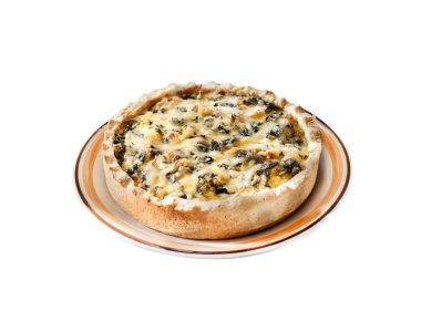 Karnabahar ve kırpma yolu ile beyaz arka plan üzerinde izole bir plaka üzerinde nane ile peynirli tart