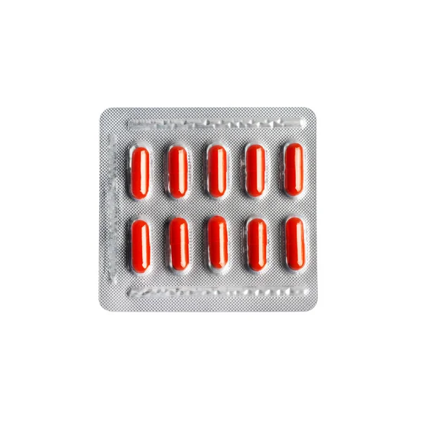 Capsules Pilule Rouge Plaquette Thermoformée Isolée Sur Fond Blanc Avec — Photo