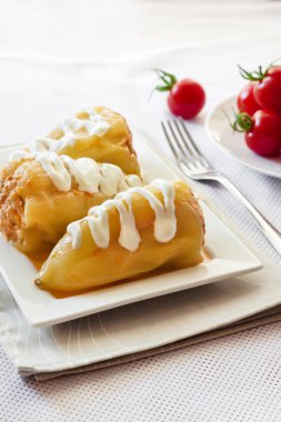 Et ve beyaz bir kare tabak pilav ile doldurulmuş biber