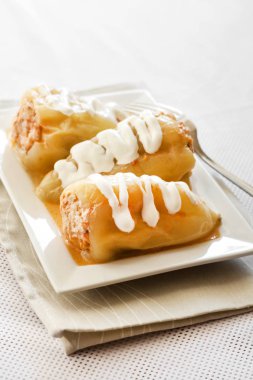 Et ve beyaz bir kare tabak pilav ile doldurulmuş biber