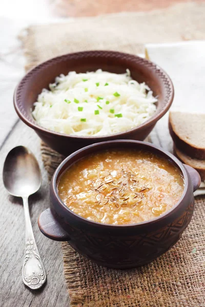 Капуснняк-традиційний Український зимовий суп з квашеною капустою — стокове фото