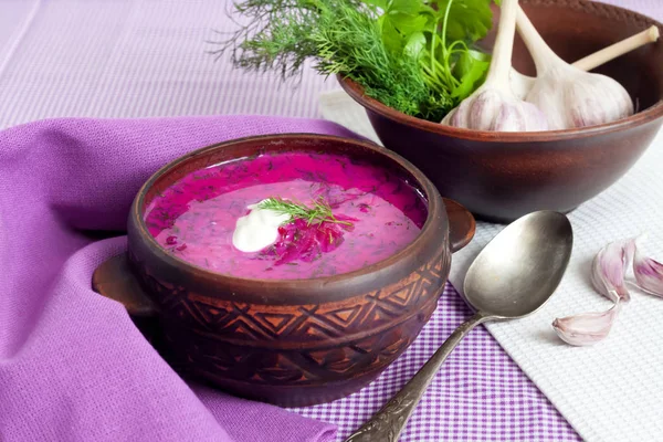 Holodnik - tradicional lituano (ruso, ucraniano, bielorruso, polaco) sopa de remolacha fría — Foto de Stock