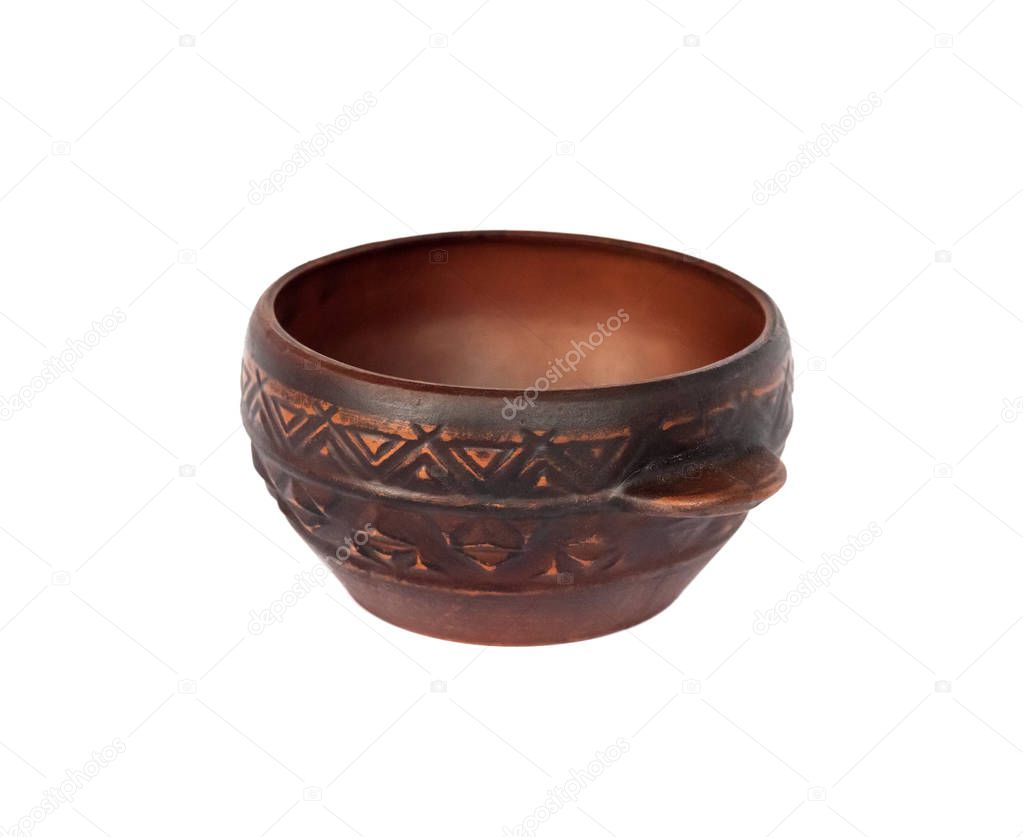 Brown ceramic rustic bowl isolated on white background 