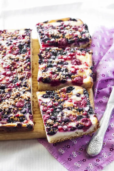 Крупный план ягодного пирога с творогом, нарезанным на квадратные ломтики — стоковое фото