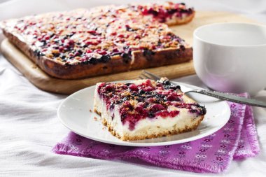 Lezzetli bir kahvaltı. Çeşit çeşit böğürtlenli lezzetli turta, süzme peynir ve bir fincan çay.