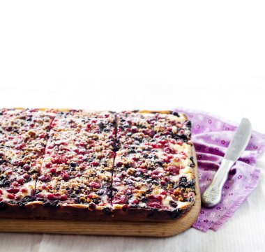 Kare dilimlere kesilmiş süzme peynirli dutlu turta.