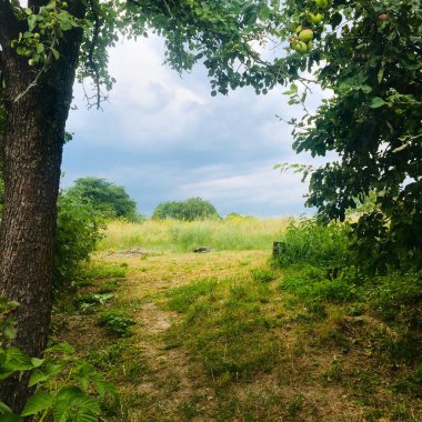 Perspektifi dramatik bulutlu gökyüzü olan görkemli kırsal alan.