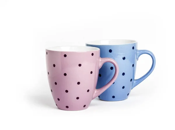 Tasses Pointillées Roses Bleues Isolées Sur Fond Blanc Avec Espace — Photo