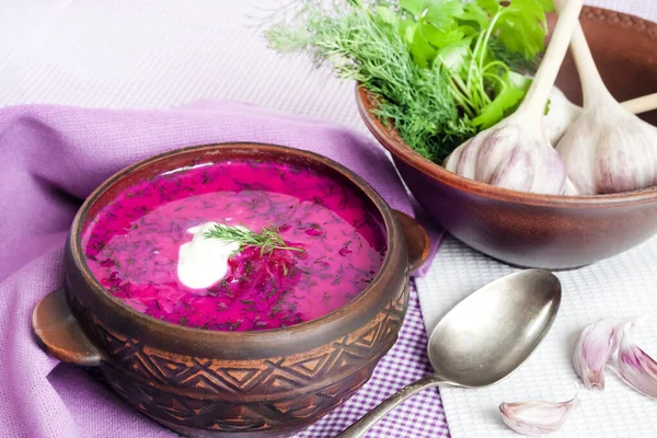 Holodnik - traditional Lithuanian (Russian, Ukrainian, Belorussian, Polish) cold beetroot soup with cucumber, boiled eggs and greens in rustic bowl — Stock Image Holodnik Traditional Lithuanian Russian Ukrainian Belorussian Polish Cold Beetroot Soup Stock Photo