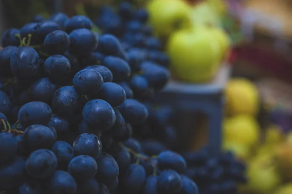 Beautiful fruit composition with blue organic grapes and yellow apples. Fruit bacground.