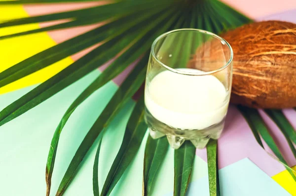 Ein Glas Mit Kokosmilch Kokosnuss Exotische Früchte Gesunde Ernährung Und — Stockfoto