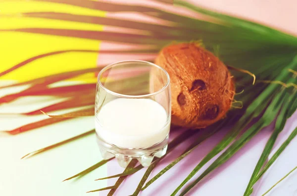 coconut milk in a glass. summer. fruit. exotic fruit. Sun rays. minimalism