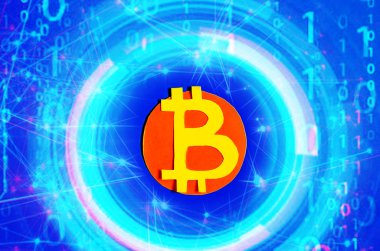 Bitcoin. Sanal paranın şifreli para birimi. Para için. mavi arka plan. para birimi resmi