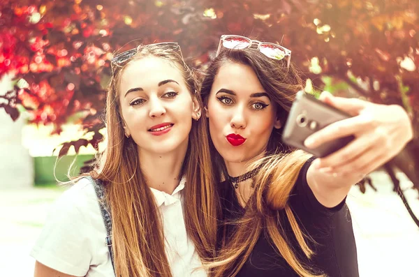 Niñas Besos Son Fotografiados Cámara Teléfono Para Red —  Fotos de Stock