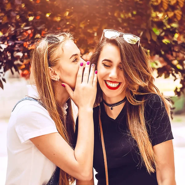 Uma Menina Sussurra Ouvido Sua Namorada Segredo Velho Encontro Meninas — Fotografia de Stock