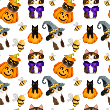 Tatlı kedi ve balkabaklarıyla kusursuz bir cadılar bayramı geçmişi var. Kumaş, ambalaj kağıdı ve duvar kağıdı için komik karakterler.